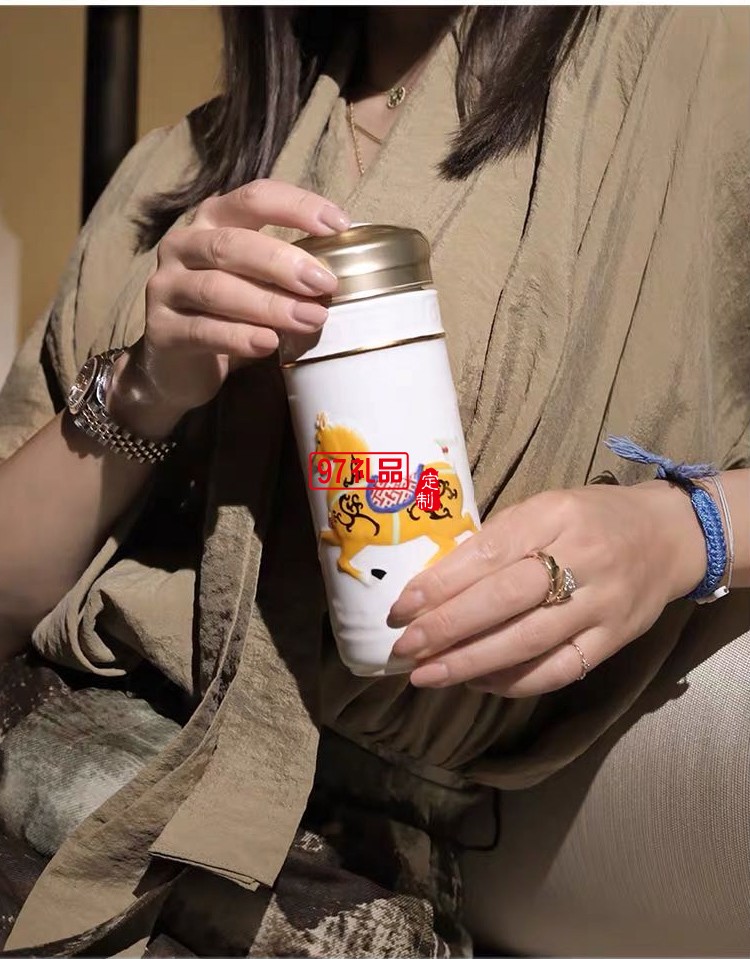 乾唐軒活瓷六朝代馬雙層350ml陶瓷杯水杯子復(fù)古鎏金彩繪隨手杯