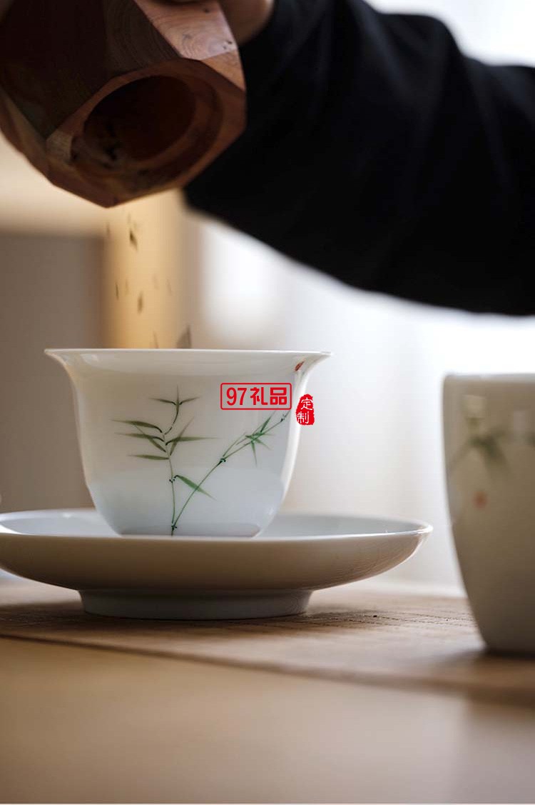 景德鎮(zhèn)青竹功夫茶具套裝 純手繪釉下彩整套白瓷陶瓷蓋碗茶杯